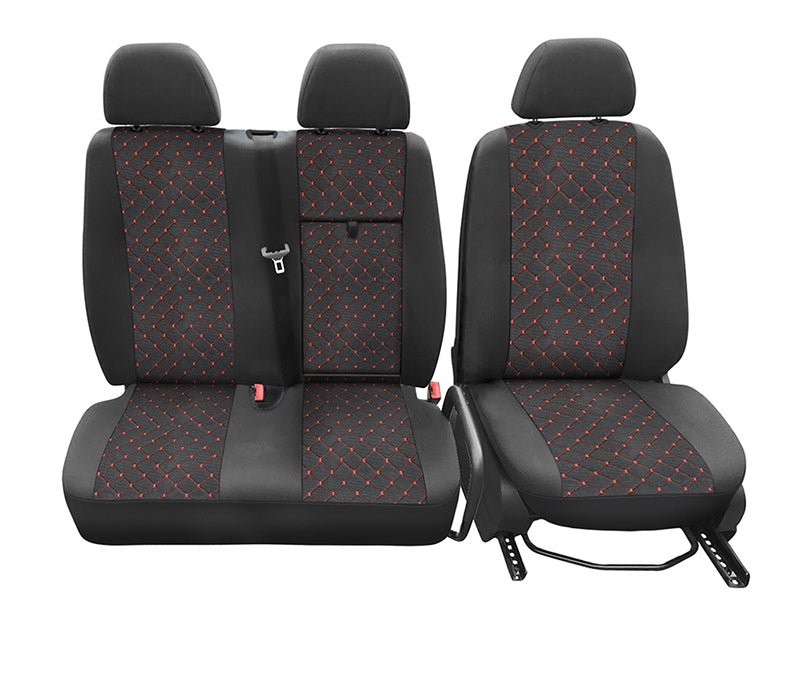 Σετ καλυμμάτων καθισμάτων – κατάλληλο για Mercedes Sprinter 2+1 θέσεων, από 2006+, μαύρο με κόκκινο, πολυεστέρας και ελαστάνη
